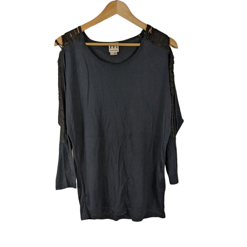 Haute Hippie Womens Top Small Black Fringe Cold Shoulder Batwing Sleeve Modal